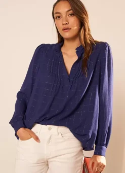 Sud Express Tops & Blouses|Blouse A Col Monte Avec Volant Bleu Blouisa
