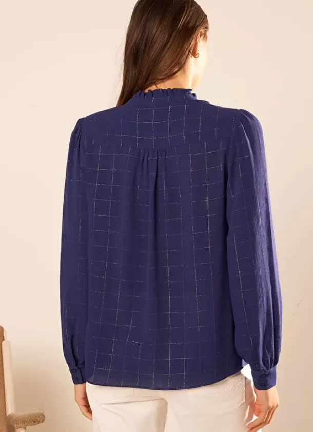 Sud Express Tops & Blouses|Blouse A Col Monte Avec Volant Bleu Blouisa