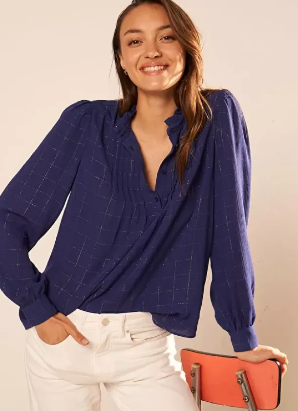 Sud Express Tops & Blouses|Blouse A Col Monte Avec Volant Bleu Blouisa