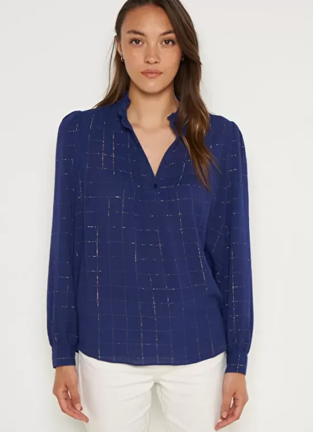 Sud Express Tops & Blouses|Blouse A Col Monte Avec Volant Bleu Blouisa