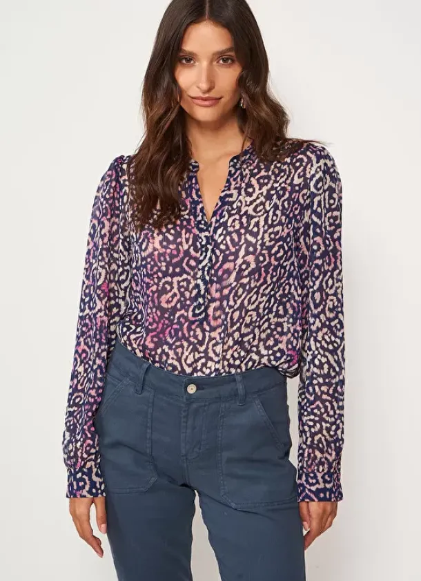 Sud Express Tops & Blouses|Blouse A Imprime Col Tunisien Marine Touza