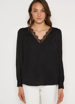 Sud Express Tops & Blouses|Blouse, Col V Avec Insert De Dentelle Noir Brice