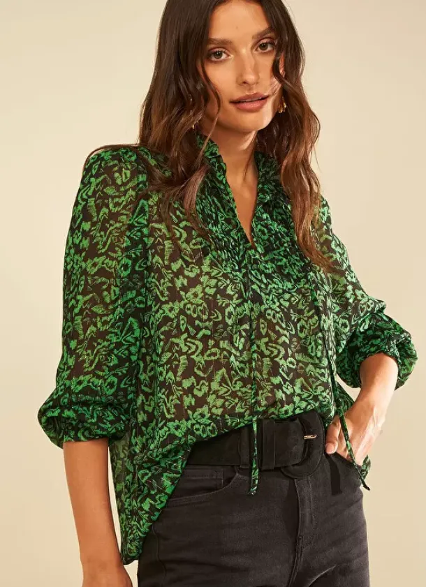 Sud Express Tops & Blouses|Blouse Empiecements Brodes Vert Tevone