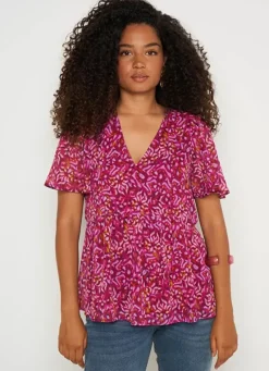 Sud Express Tops & Blouses|Blouse Imprime Encolure V Framboise Tajorie