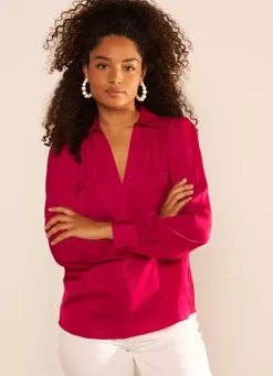 Sud Express Tops & Blouses|Blouse Satine A Col Tunisien Fuchsia Teddy