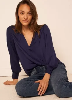 Sud Express Tops & Blouses|Blouse Satine A Col Tunisien Bleu Teddy