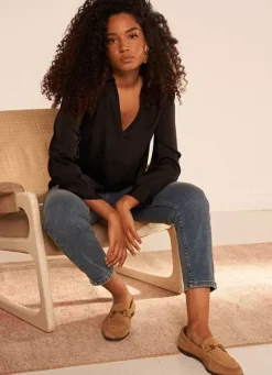 Sud Express Tops & Blouses|Blouse Satine A Col Tunisien Noir Teddy