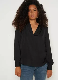 Sud Express Tops & Blouses|Blouse Satine A Col Tunisien Noir Teddy