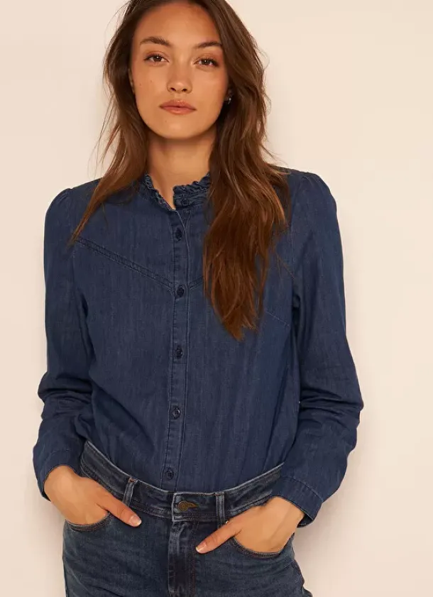 Sud Express Tops & Blouses|Chemise En Jean A Manches Longues Dark Stone Castellenia