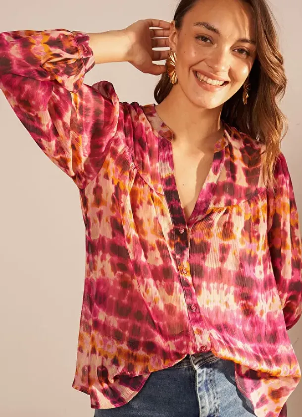Sud Express Tops & Blouses|Chemise Imprime A Col Tunisien Et Manche... Framboise Calanque