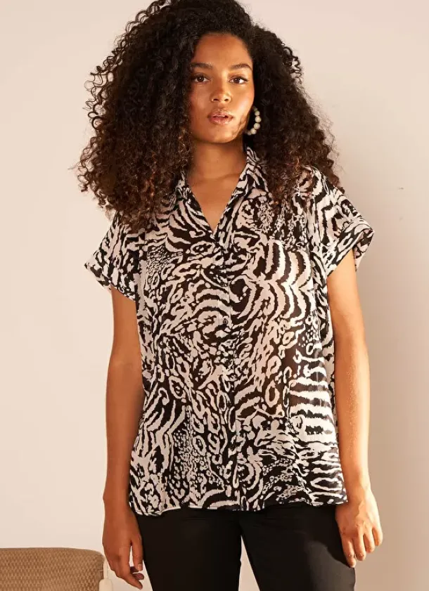 Sud Express Tops & Blouses|Chemise Imprimee Oversize A Manches Cour... Noir Calixa