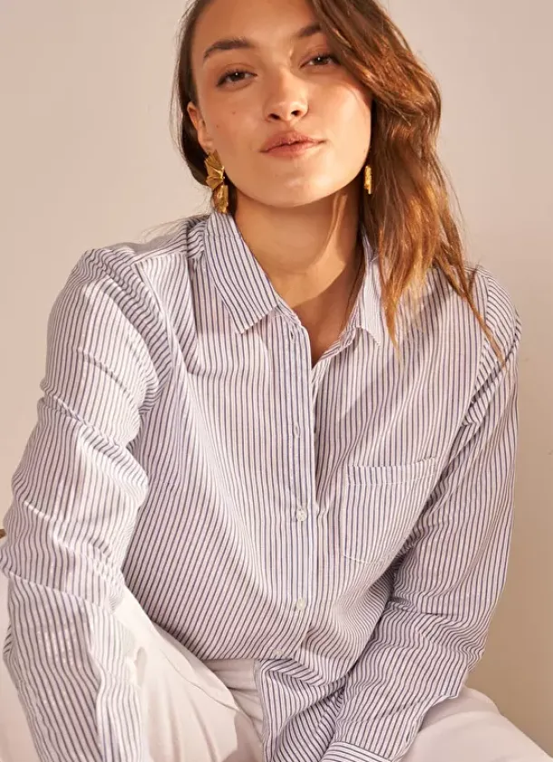 Sud Express Tops & Blouses|Chemise Manches Longues A Rayures Bleu Calabama