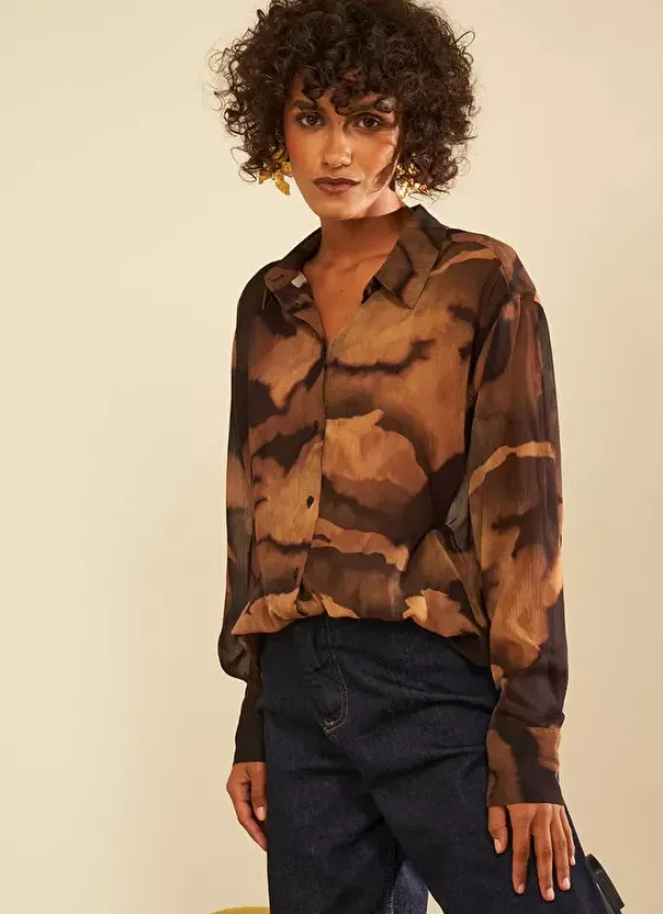 Sud Express Tops & Blouses|Chemise Oversize Imprimee Marron Cadalie