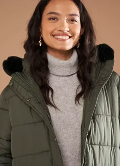 Sud Express Jackets & Coats|Doudoune Longue A Capuche Kaki Vokita