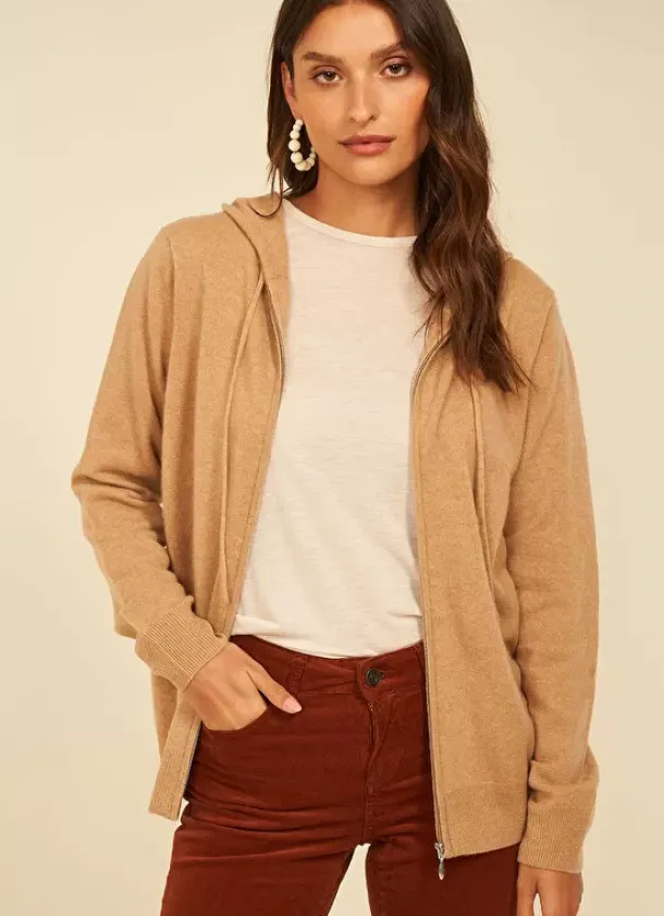 Sud Express Jumpers & Cardigans|Gilet A Capuche Zippe 100% Cachemire Camel Garenk