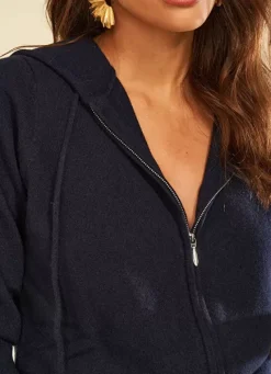 Sud Express Jumpers & Cardigans|Gilet A Capuche Zippe 100% Cachemire Marine Garenk