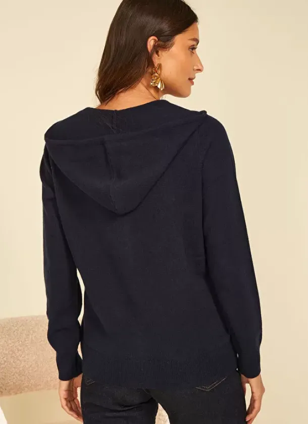 Sud Express Jumpers & Cardigans|Gilet A Capuche Zippe 100% Cachemire Marine Garenk