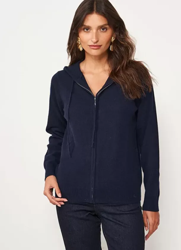 Sud Express Jumpers & Cardigans|Gilet A Capuche Zippe 100% Cachemire Marine Garenk