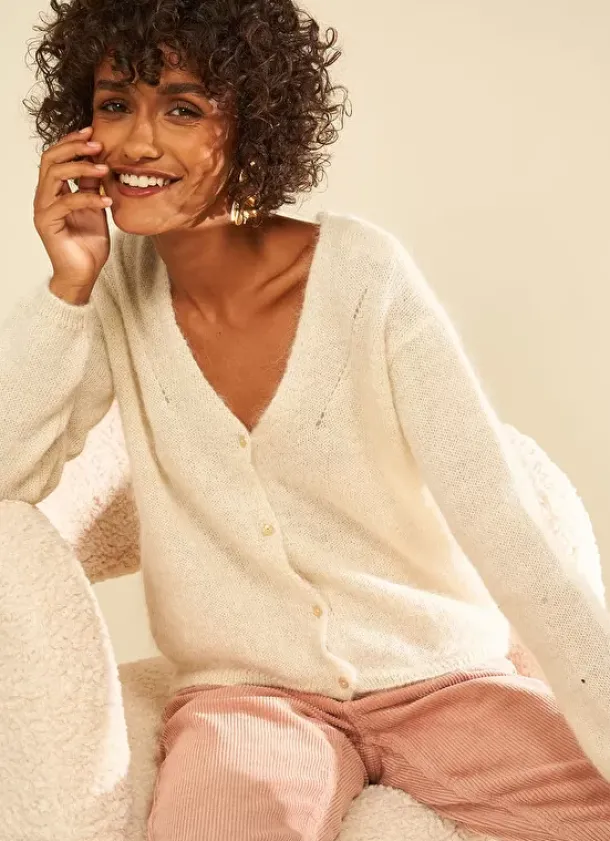 Sud Express Jumpers & Cardigans|Gilet Col V A Cotes Ecru Gattycax