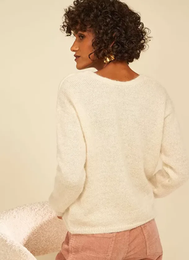 Sud Express Jumpers & Cardigans|Gilet Col V A Cotes Ecru Gattycax