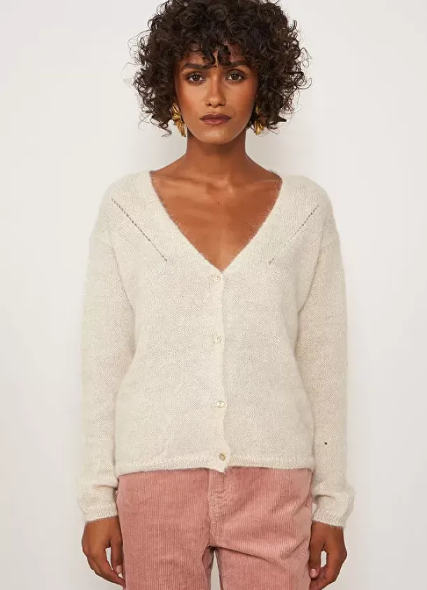 Sud Express Jumpers & Cardigans|Gilet Col V A Cotes Ecru Gattycax