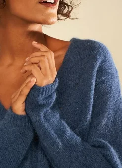 Sud Express Jumpers & Cardigans|Gilet Col V A Cotes Indigo Gattyca