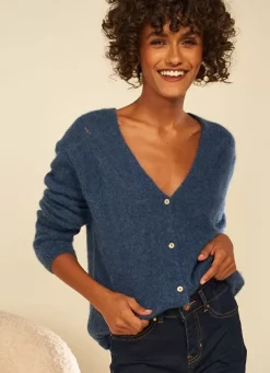 Sud Express Jumpers & Cardigans|Gilet Col V A Cotes Indigo Gattyca
