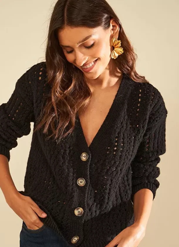Sud Express Jumpers & Cardigans|Gilet Col V Avec Jeu De Tricotage Ajoure Noir Glasgow