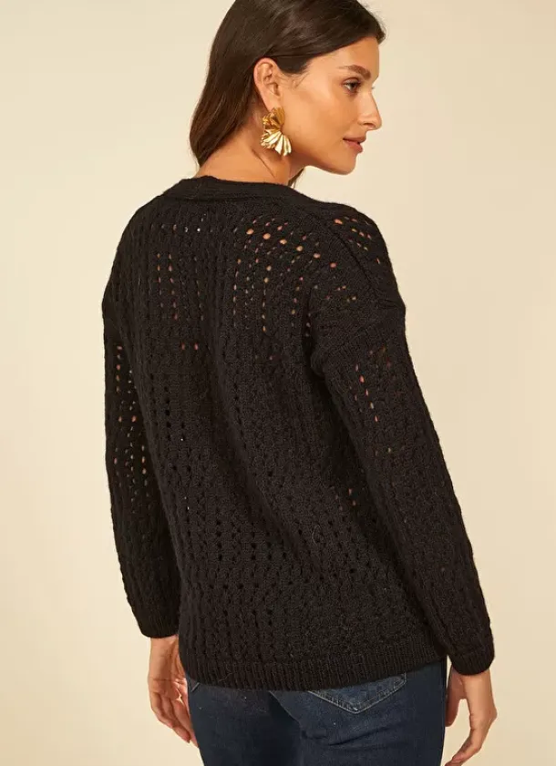 Sud Express Jumpers & Cardigans|Gilet Col V Avec Jeu De Tricotage Ajoure Noir Glasgow