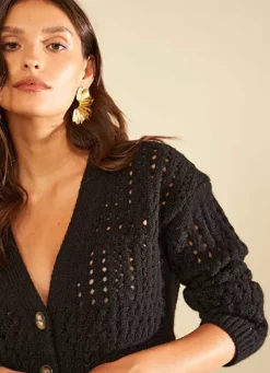 Sud Express Jumpers & Cardigans|Gilet Col V Avec Jeu De Tricotage Ajoure Noir Glasgow