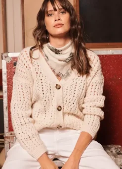 Sud Express Jumpers & Cardigans|Gilet Col V Avec Jeu De Tricotage Ajoure Ecru Glasgow