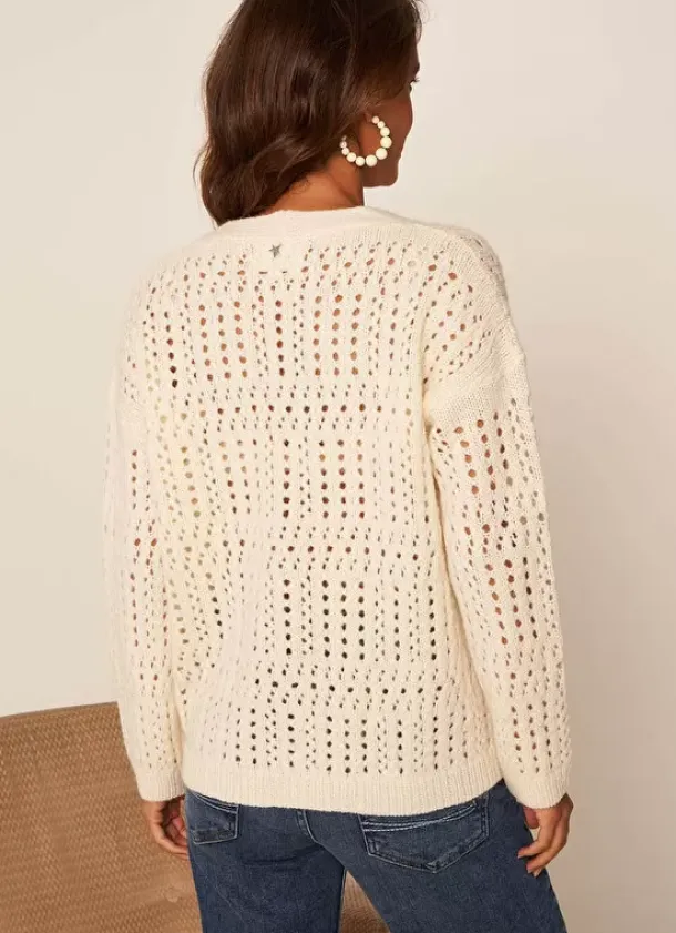 Sud Express Jumpers & Cardigans|Gilet Col V Avec Jeu De Tricotage Ajoure Ecru Glasgow