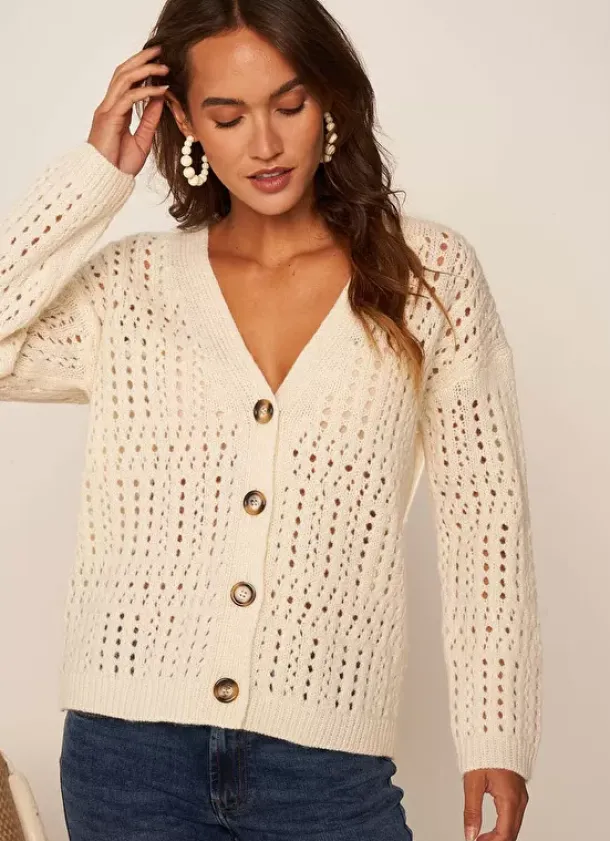 Sud Express Jumpers & Cardigans|Gilet Col V Avec Jeu De Tricotage Ajoure Ecru Glasgow