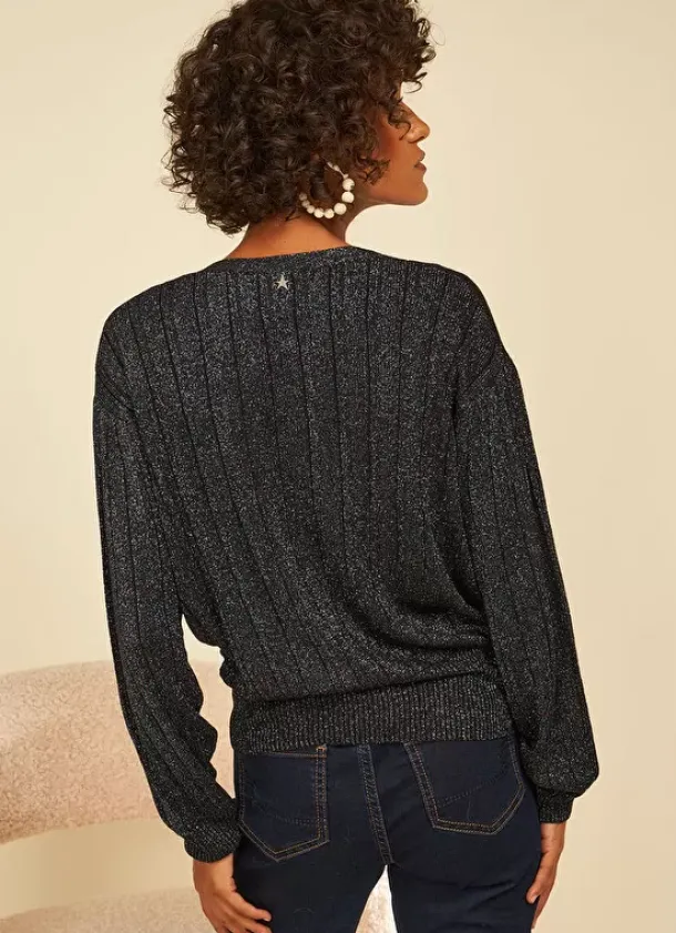 Sud Express Jumpers & Cardigans|Gilet Col V Lurex Noir Glamy