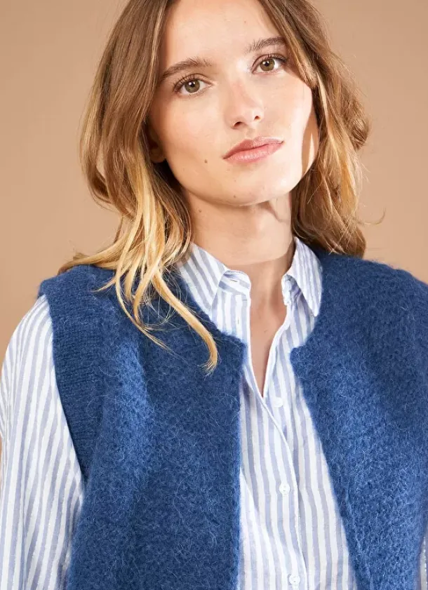 Sud Express Jumpers & Cardigans|Gilet Court Ouvert En Mohair Indigo Gotana