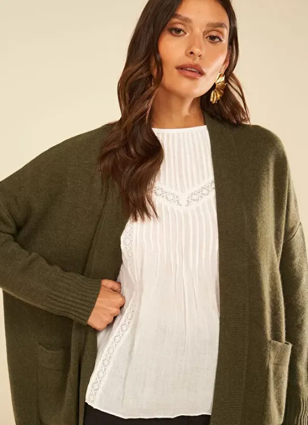 Sud Express Jumpers & Cardigans|Gilet Mi-Long Ouvert Avec Poches Plaquees Kaki Geric