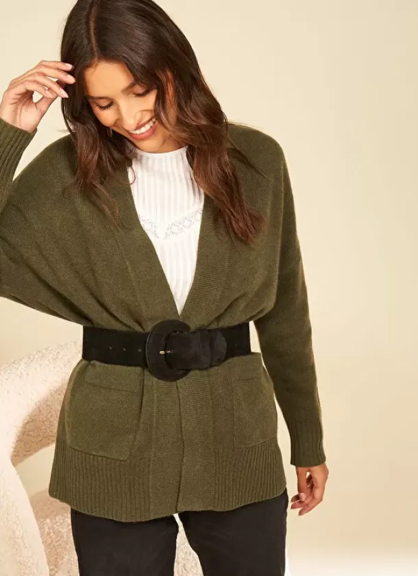 Sud Express Jumpers & Cardigans|Gilet Mi-Long Ouvert Avec Poches Plaquees Kaki Geric