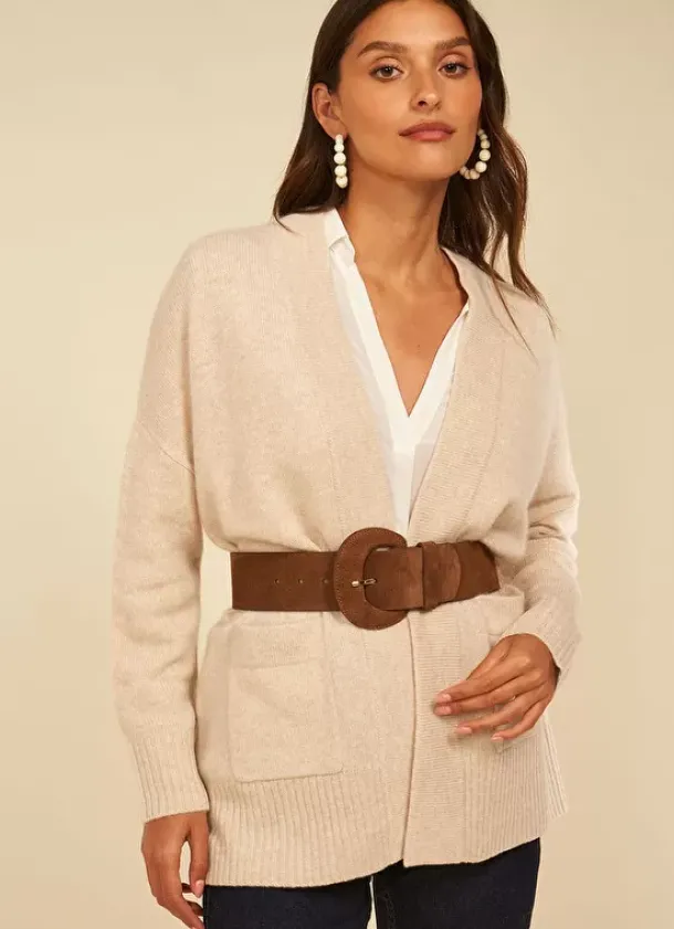 Sud Express Jumpers & Cardigans|Gilet Mi-Long Ouvert Avec Poches Plaquees Beige Chine Geric
