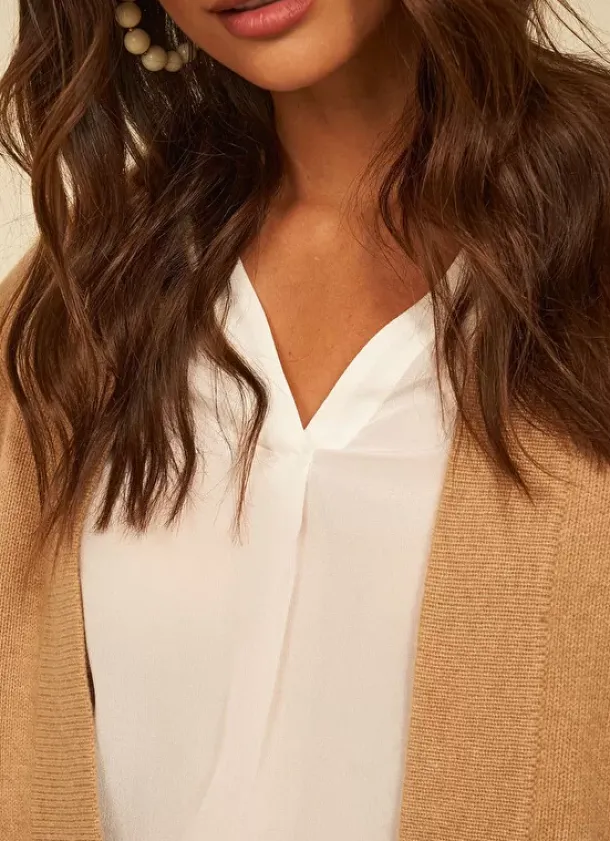 Sud Express Jumpers & Cardigans|Gilet Mi-Long Ouvert Avec Poches Plaquees Camel Geric