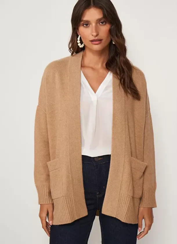 Sud Express Jumpers & Cardigans|Gilet Mi-Long Ouvert Avec Poches Plaquees Camel Geric