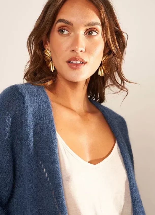 Sud Express Jumpers & Cardigans|Gilet Ouvert Mi-Long Avec Poches Indigo Grangey