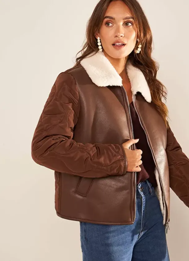 Sud Express Jackets & Coats|Manteau Court Bi Matiere Chocolat Maeleen