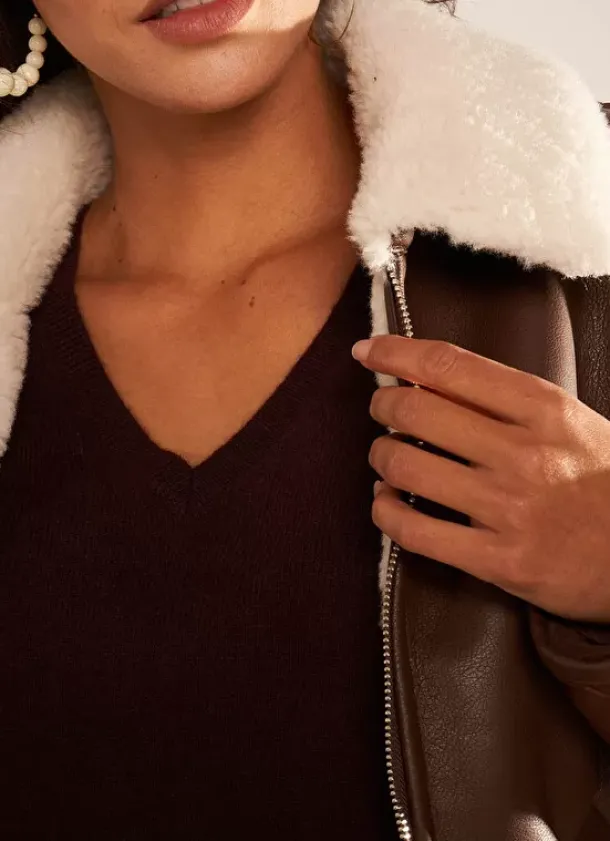Sud Express Jackets & Coats|Manteau Court Bi Matiere Chocolat Maeleen