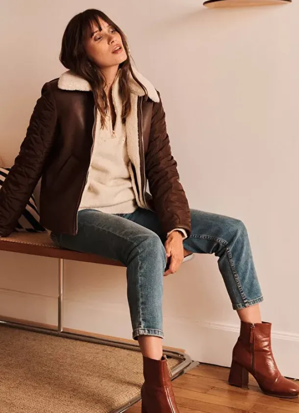 Sud Express Jackets & Coats|Manteau Court Bi Matiere Chocolat Maeleen