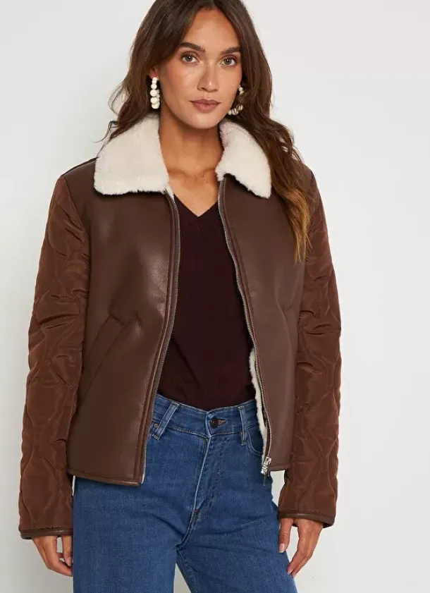 Sud Express Jackets & Coats|Manteau Court Bi Matiere Chocolat Maeleen