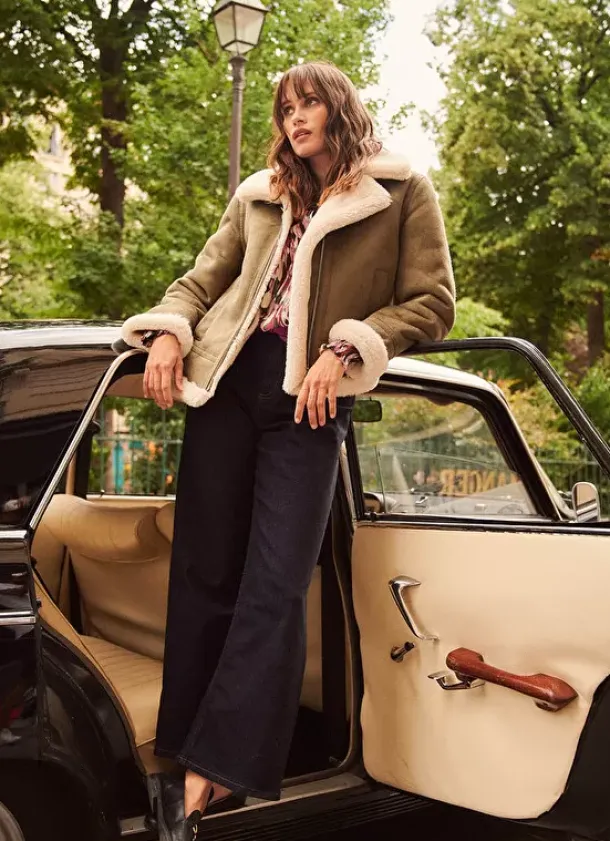 Sud Express Jackets & Coats|Manteau En Fausse Peau Lainee Kaki Malvino
