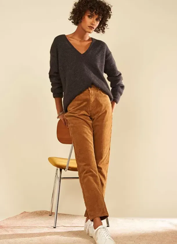 Sud Express Trousers & Jeans|Pantalon Boyfriend Velours Camel Pavlina