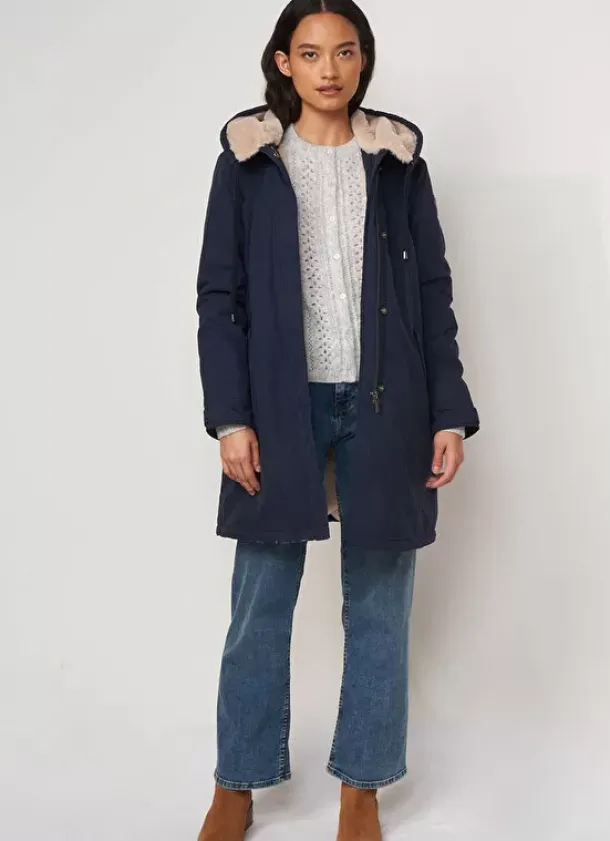 Sud Express Jackets & Coats|Parka Mi-Longue A Capuche Bleu Velane