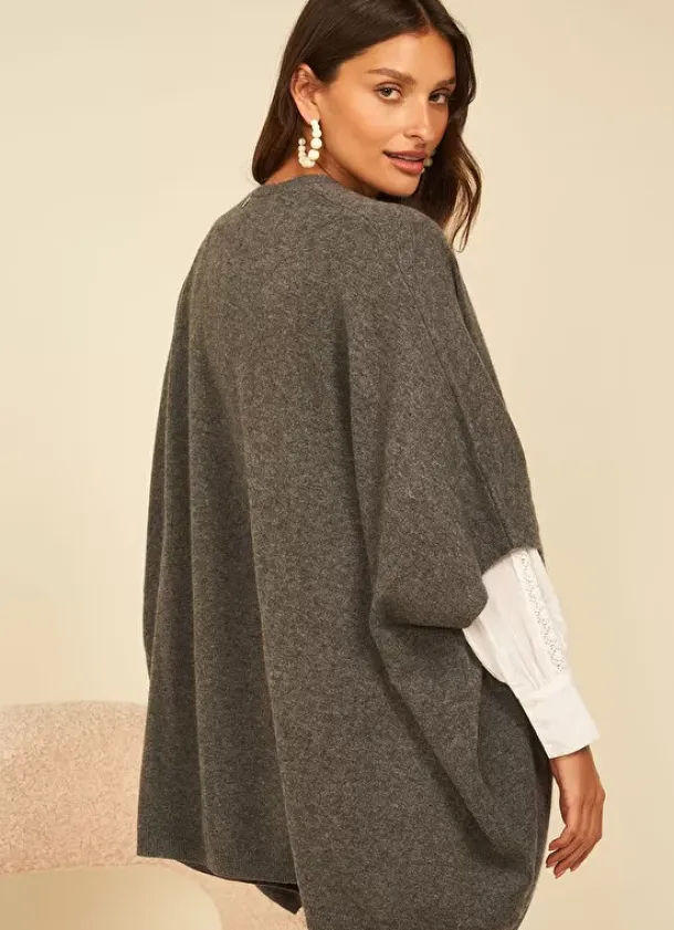 Sud Express Jumpers & Cardigans|Poncho Long Et Ouvert Pur Cachemire Gris Chine Gwenaelle