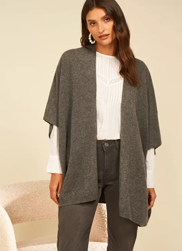 Sud Express Jumpers & Cardigans|Poncho Long Et Ouvert Pur Cachemire Gris Chine Gwenaelle